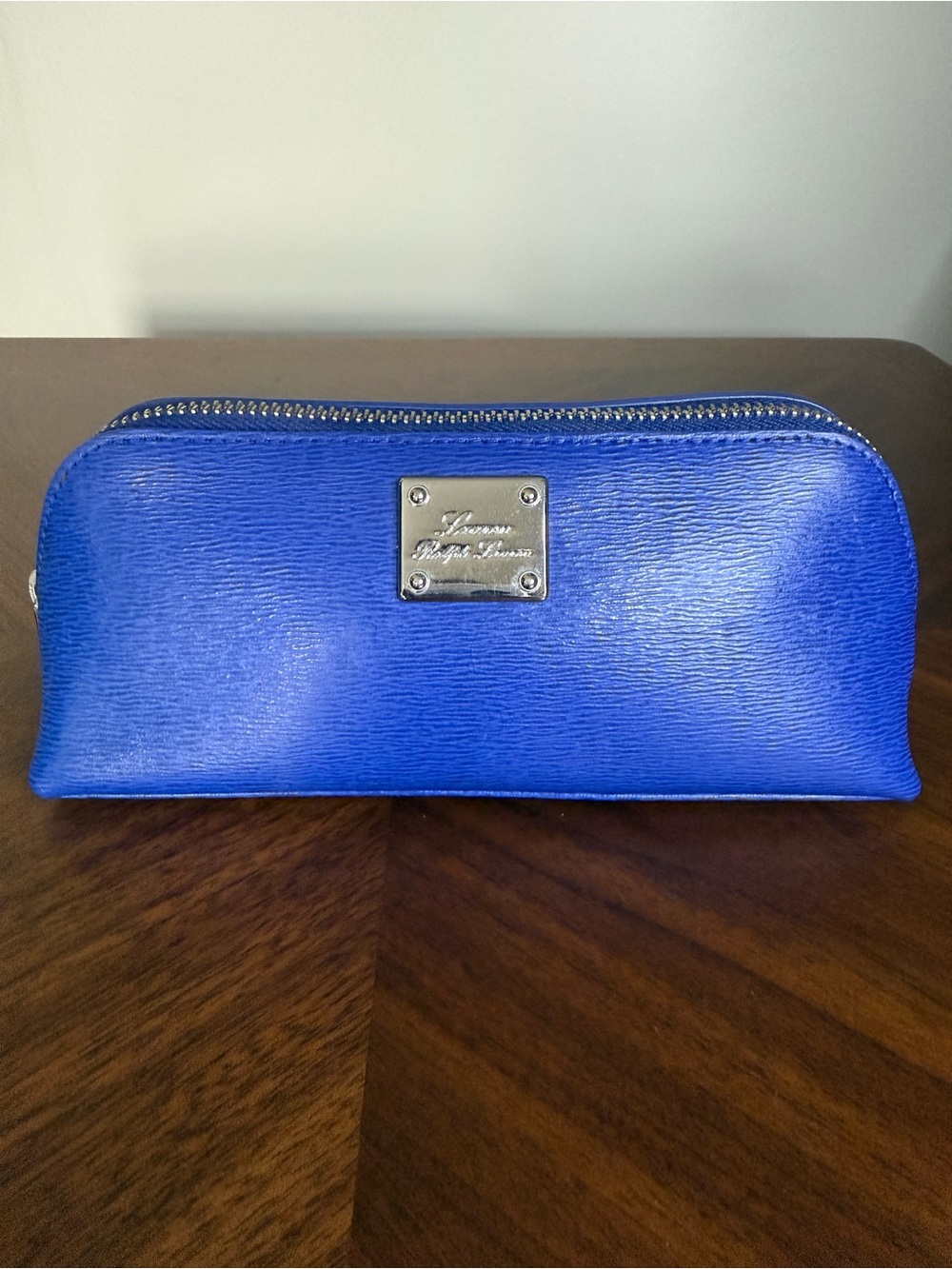 Ralph Lauren Blue Saffiano Leather Travel Cosmetic Case Makeup Pouch